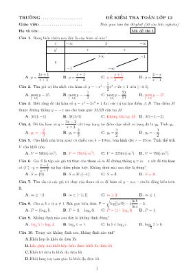 Đề kiểm tra Toán lớp 12 -  Mã đề 1